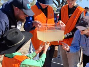 Victorian Fisheries Authority’s Sam Fawke and Wimmera CMA’s Deb Nitschke help Horsham St Brigid’s College students prepare native fish for release into a Wimmera wetland.
