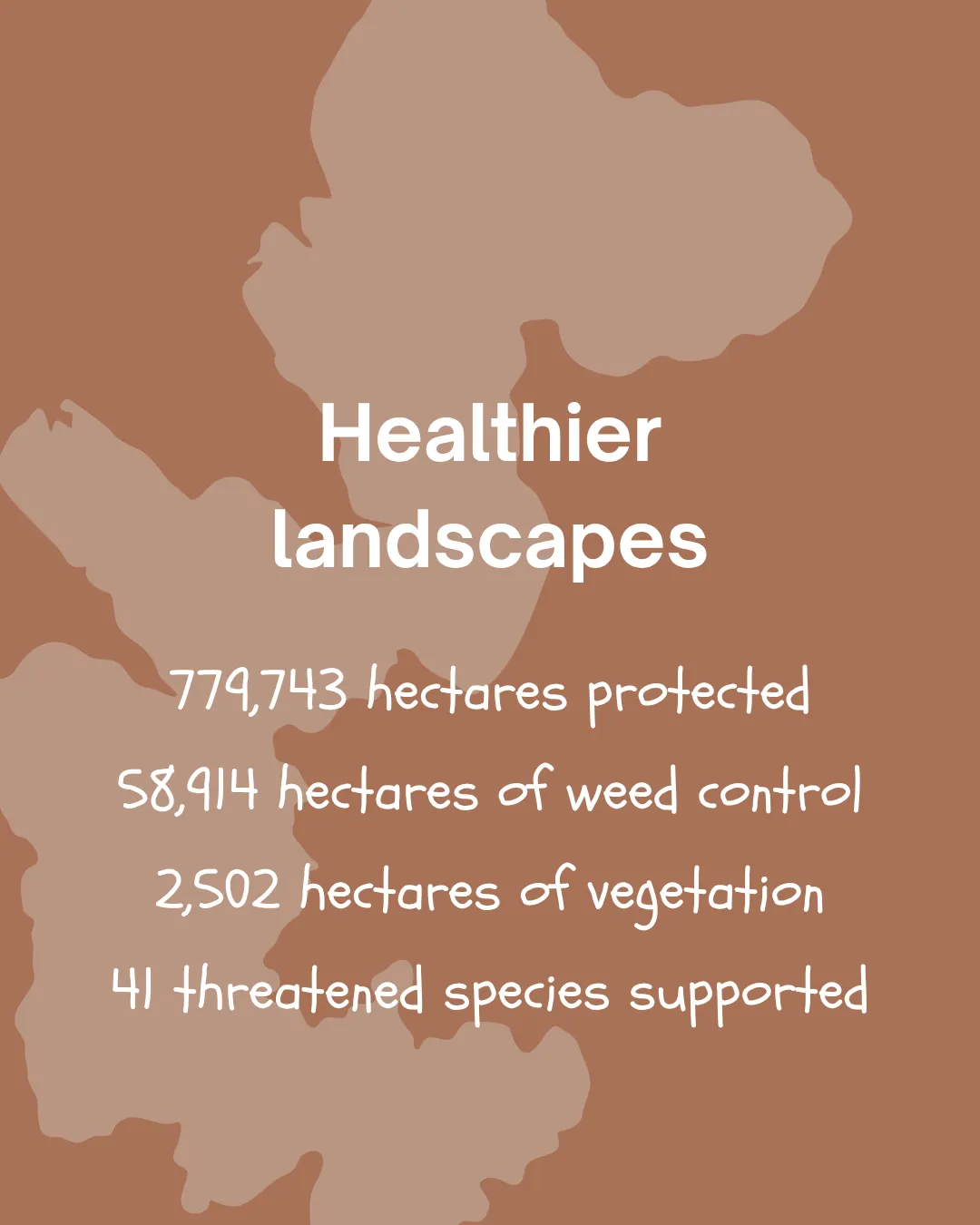 Healthier landscapes.
779,743 ha protected.
58,914 ha of weed control.
2,502 ha of vegetation.
41 threatened species supported.